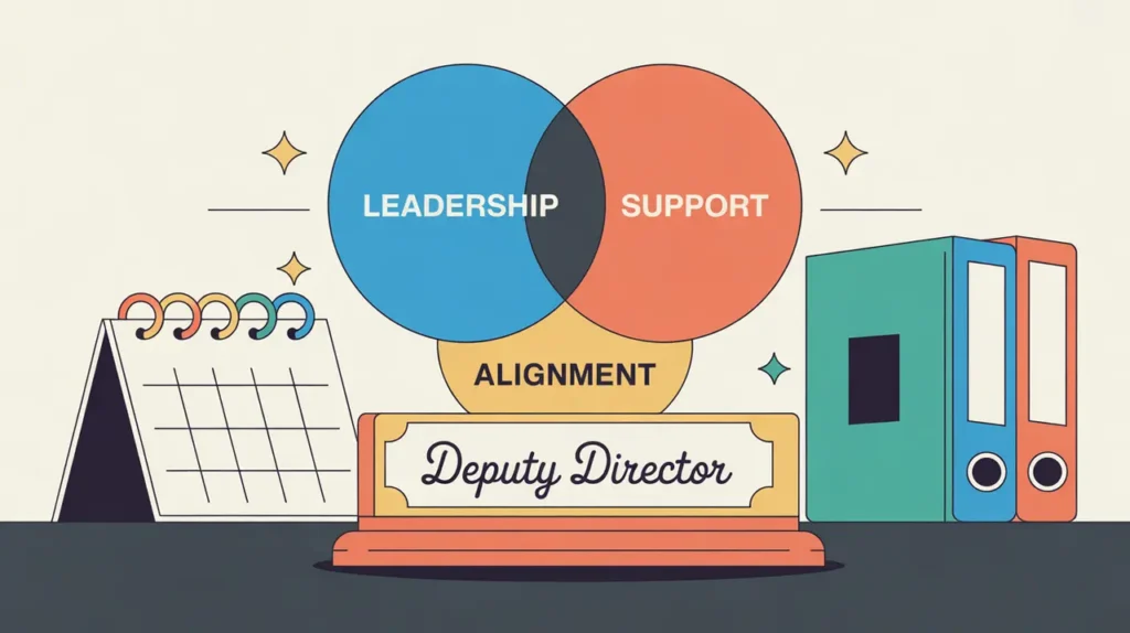 Illustration of deputy director desk nameplate with leadership and support circles