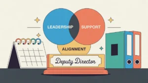 Illustration of deputy director desk nameplate with leadership and support circles