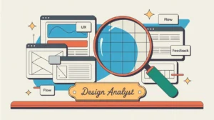 Illustration of design analyst desk with UX data and wireframes