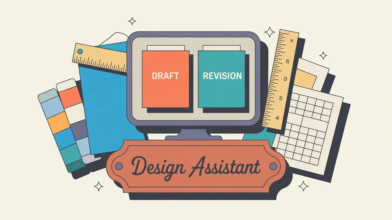 Modern workspace with design tools and a desk nameplate reading design assistant