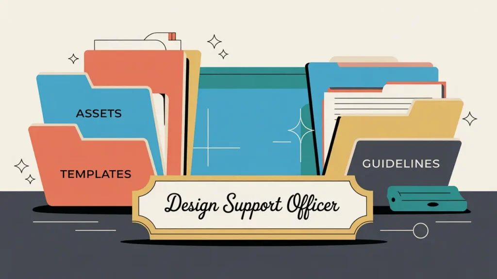 Desk nameplate reading design support officer with folders and laptop