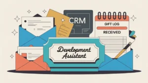 Illustration of development assistant desk with donor correspondence and CRM interface