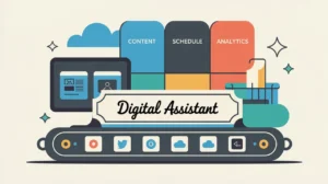 Illustration of digital assistant workstation with content, schedule, and analytics tabs