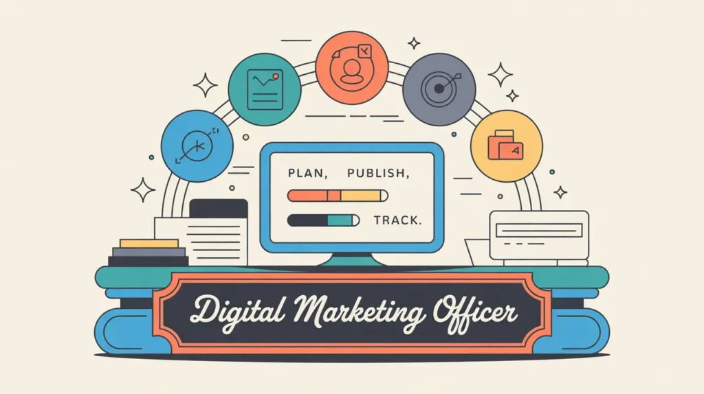 Illustration of digital marketing officer desk with campaign progress bars and social media icons