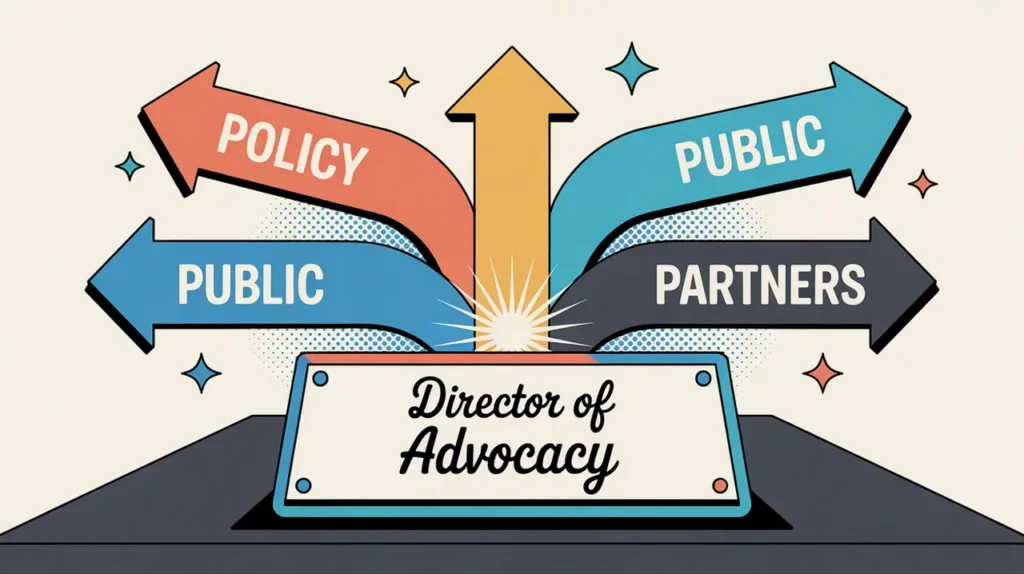 Illustration of director of advocacy desk nameplate with policy and partnership pathways