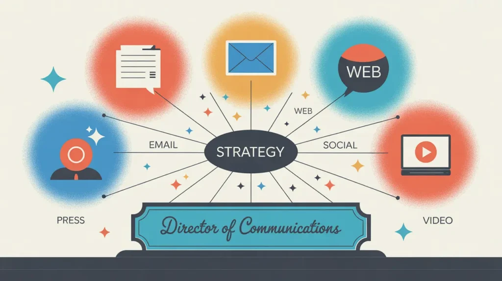 Illustration of director of communications desk with media icons and strategy hub