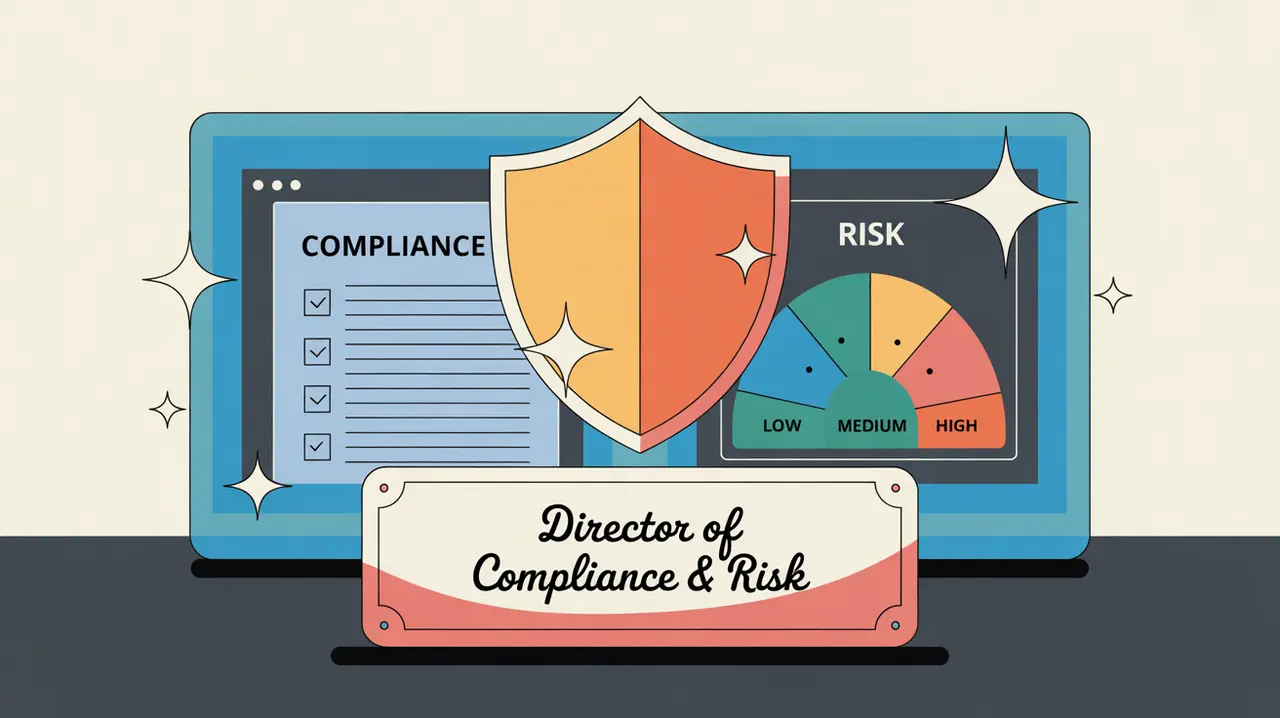 Illustration of director of compliance and risk desk with compliance checklist and risk heat map