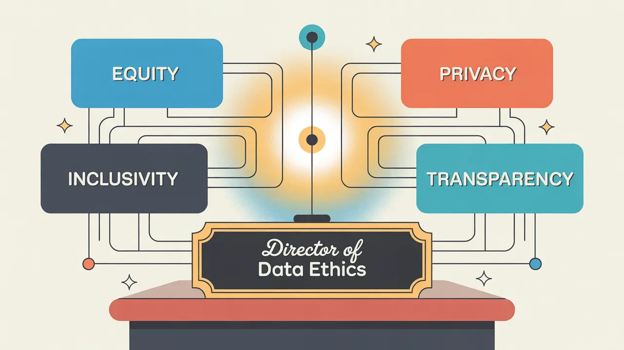 Illustration of director of data ethics desk nameplate with circuit patterns labeled Equity Privacy Inclusivity Transparency
