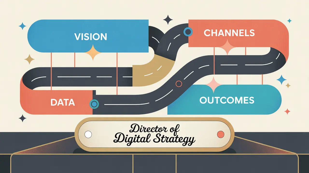 Desk nameplate director of digital strategy with strategy flow on screen