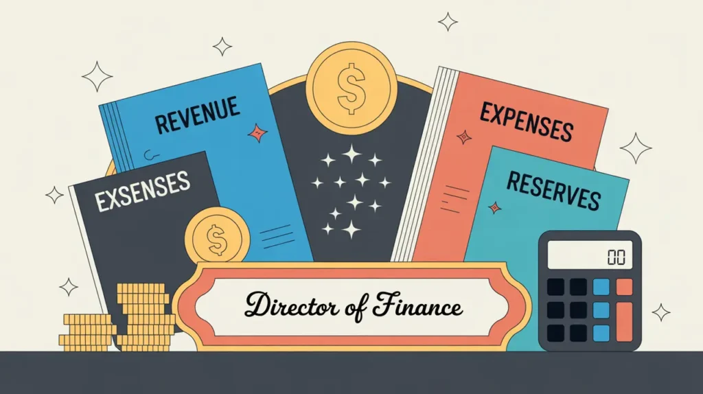 Desk nameplate reading director of finance with financial charts and calculator
