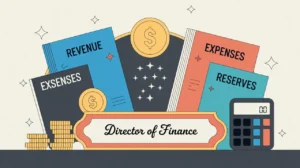 Desk nameplate reading director of finance with financial charts and calculator