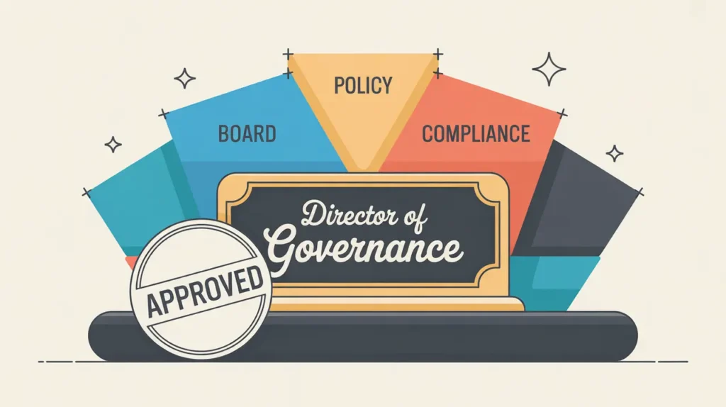 Illustration of director of governance desk nameplate with board policy compliance diagram