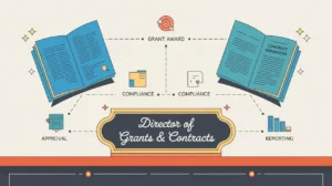Illustration of director of grants and contracts desk with documents and icons