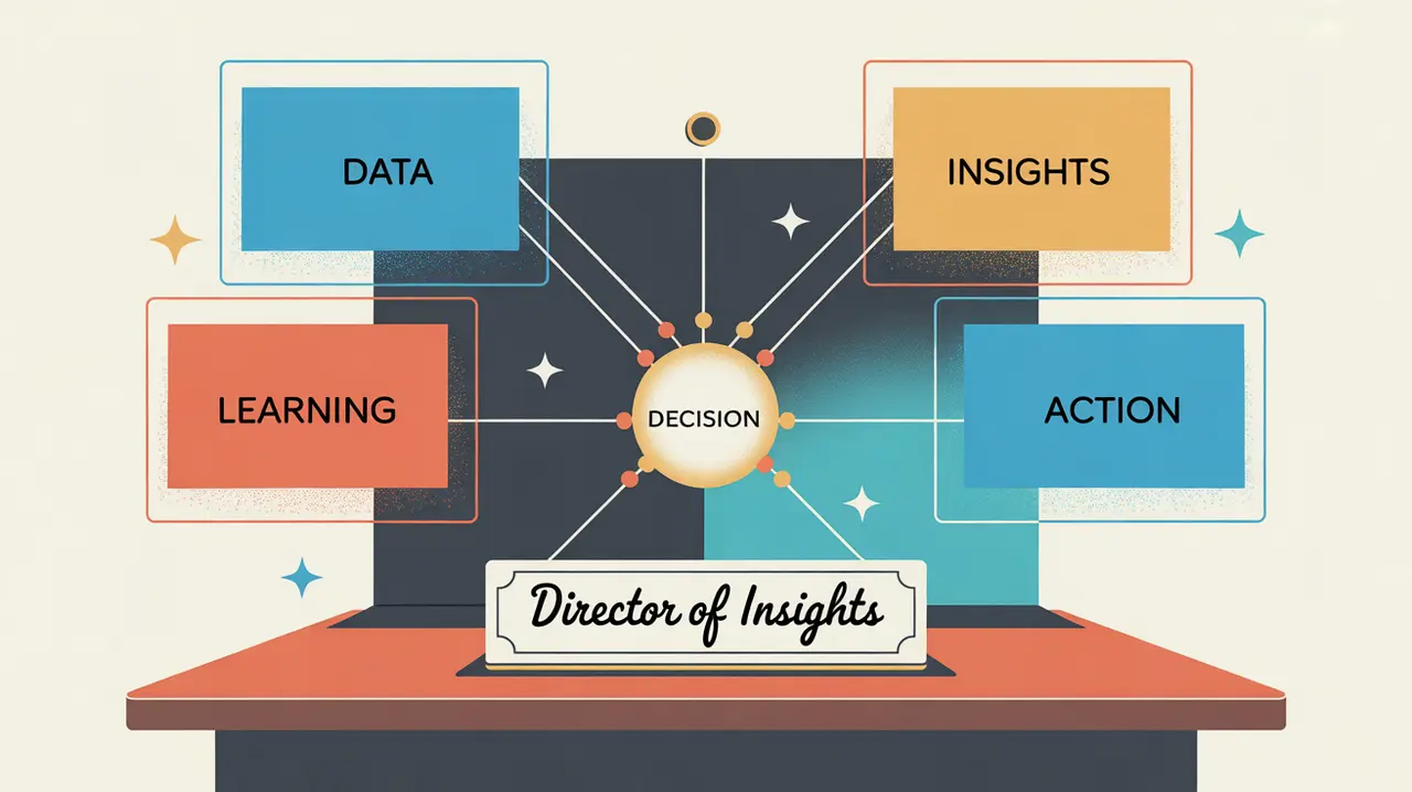 Illustration of director of insights desk with data dashboards and decision node