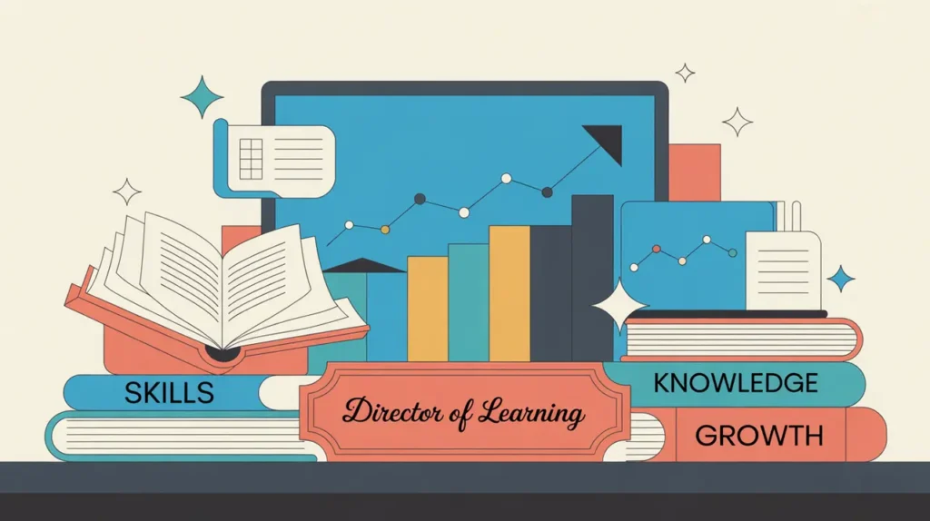 Illustration of director of learning desk with books and growth graph