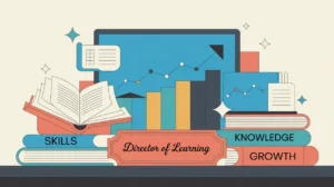 Illustration of director of learning desk with books and growth graph