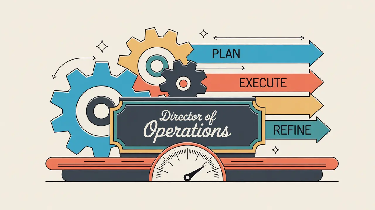 Illustration of director of operations desk nameplate with gears and process flow