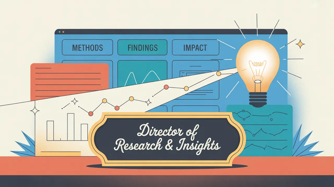 Illustration of director of research and insights desk with analytics interface and insight bulb