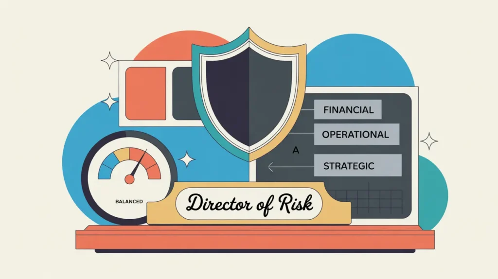 Illustration of director of risk desk with risk matrix and protective shield
