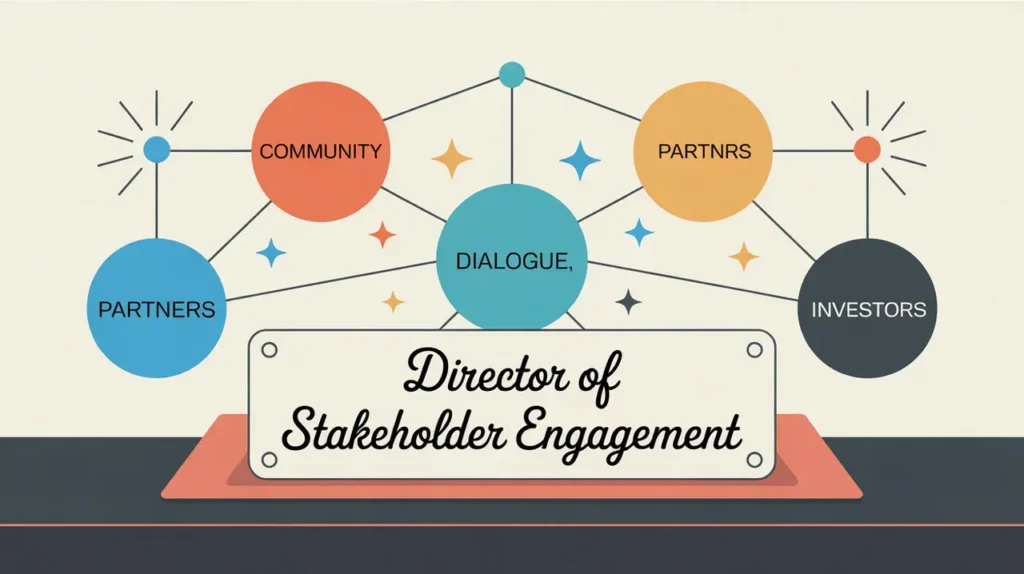 Illustration of stakeholder engagement network with labeled nodes and central dialogue hub