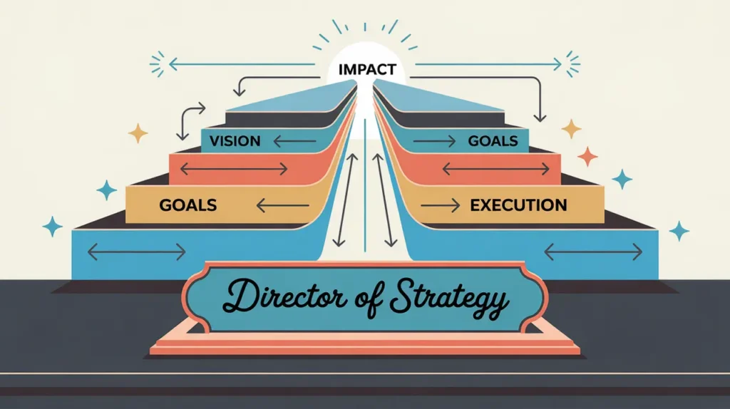 Illustration of director of strategy desk nameplate with vision goals execution framework