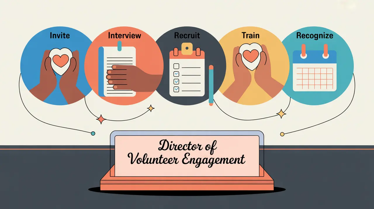 Illustration of director of volunteer engagement desk with volunteer icons