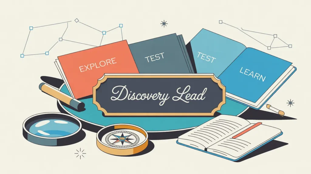 Desk nameplate reading discovery lead with magnifying glass compass and notebook