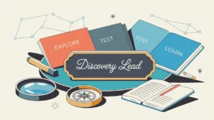 Desk nameplate reading discovery lead with magnifying glass compass and notebook