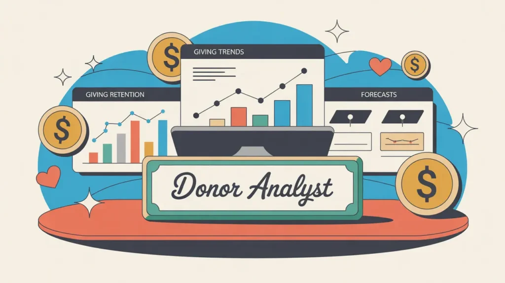 Desk nameplate reading donor analyst with fundraising dashboards and icons
