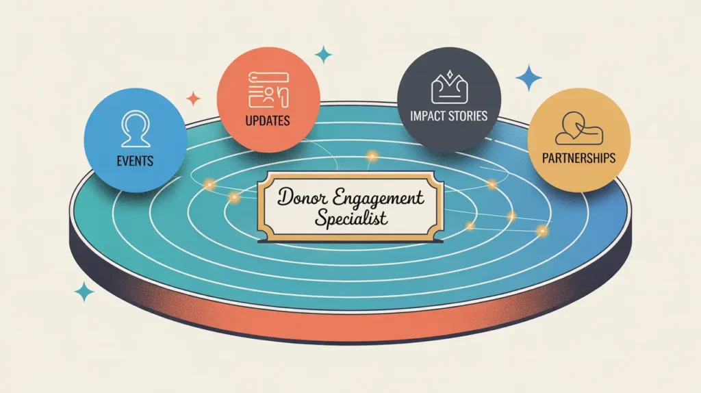 Desk nameplate donor engagement specialist with digital outreach icons