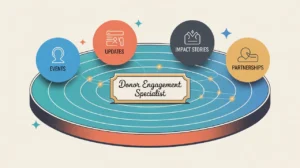 Desk nameplate donor engagement specialist with digital outreach icons