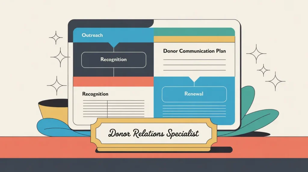 Desk nameplate donor relations specialist with donor communication plan on tablet