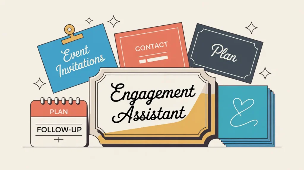 Desk nameplate reading engagement assistant with event invitations and calendar