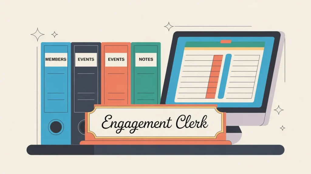 Desk nameplate reading engagement clerk with folders and computer displaying contact records