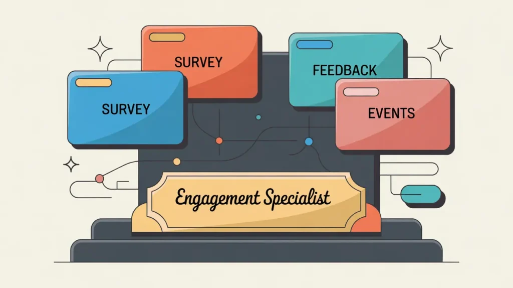 Illustration of engagement lead desk nameplate with connected audience channels and content icons