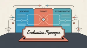 Illustration of evaluation manager desk with report dashboard and insight icon