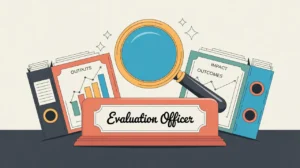 Illustration of evaluation officer desk with binders graphs and magnifying glass