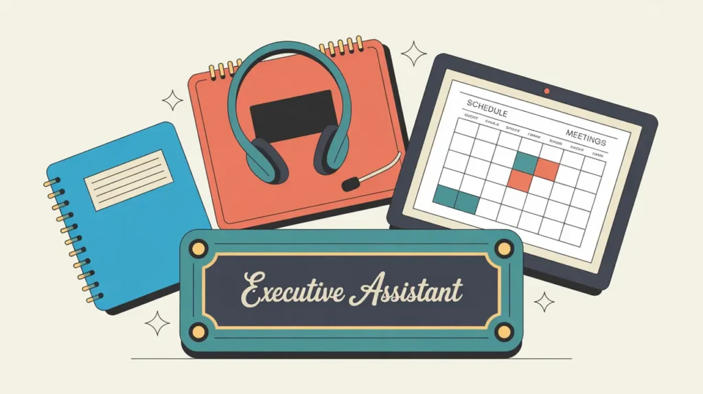 Desk nameplate executive assistant with planner headset and laptop calendar