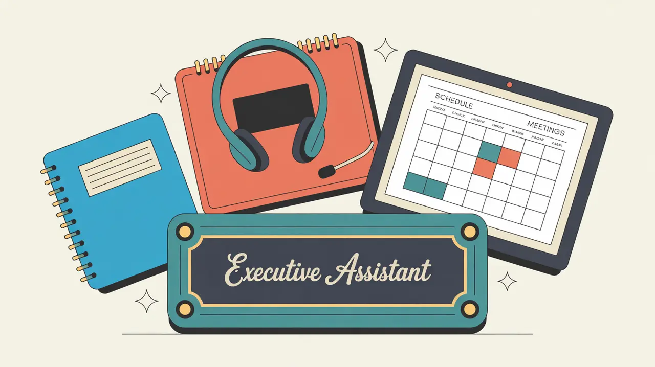 Desk nameplate executive assistant with planner headset and laptop calendar