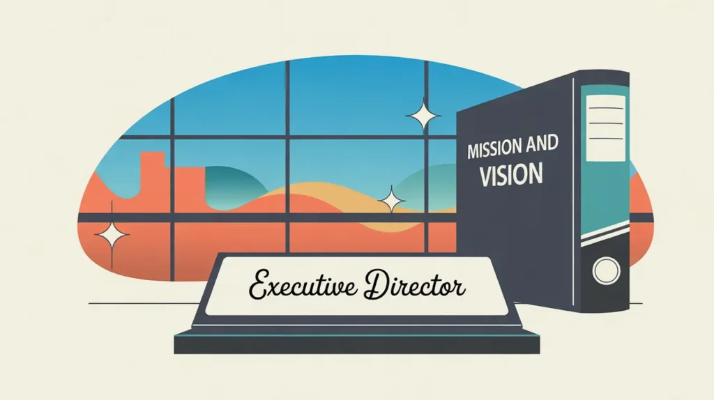 Modern office with executive director nameplate and strategy binder