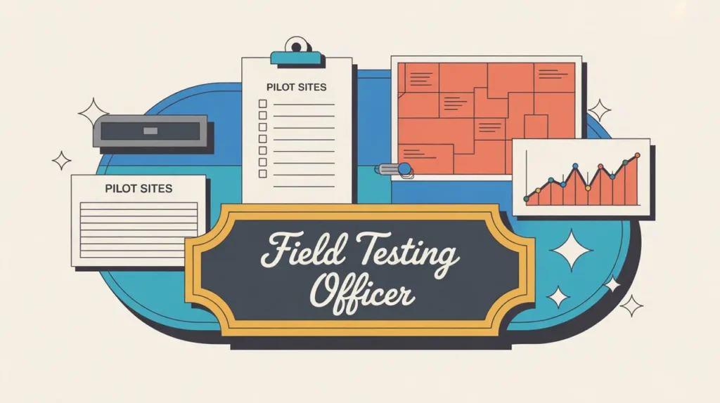 Illustration of field testing officer desk with kits, checklists, map, and data graph