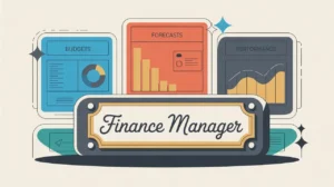 Finance manager desk nameplate with financial dashboards and calculator