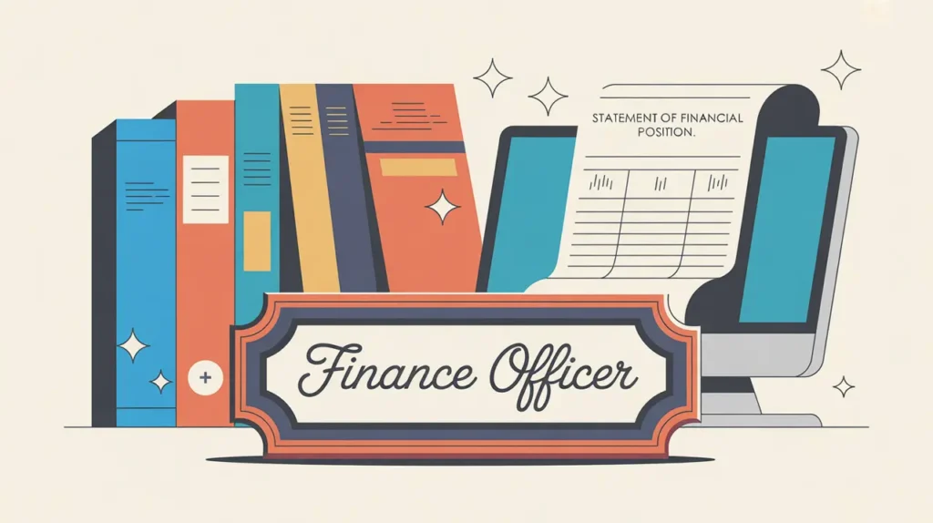 Desk nameplate reading finance officer with ledgers and financial report on computer screen