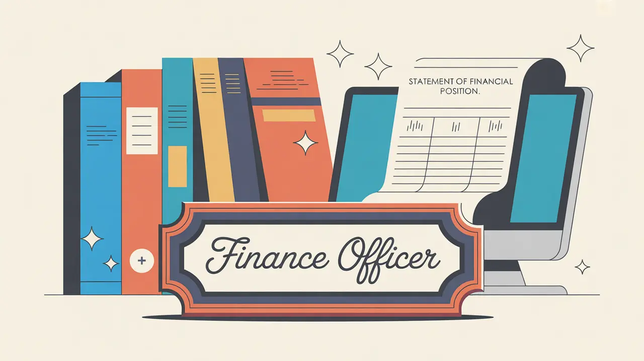 Desk nameplate reading finance officer with ledgers and financial report on computer screen
