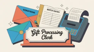 Illustration of gift processing clerk desk with donation envelopes and receipt printer