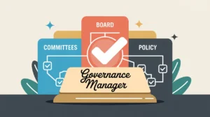 Illustration of governance manager desk nameplate with board structure diagram and checkmark
