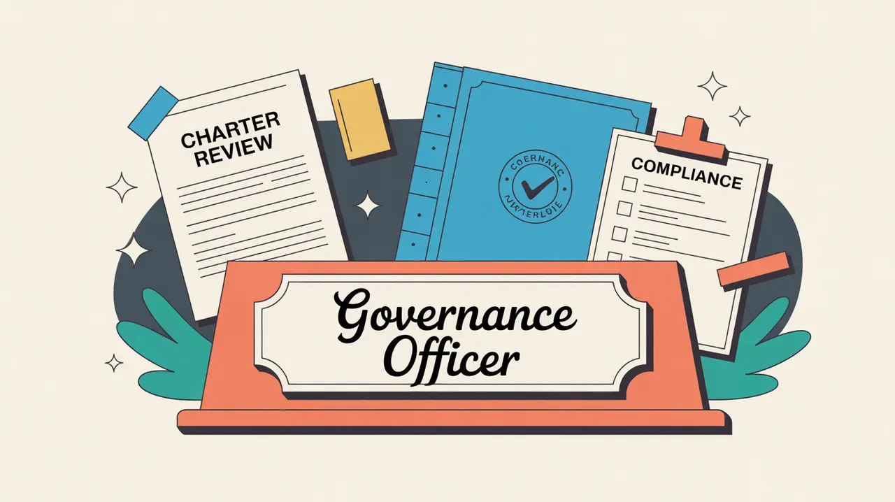 Illustration of governance officer desk with charter review documents and compliance checklist