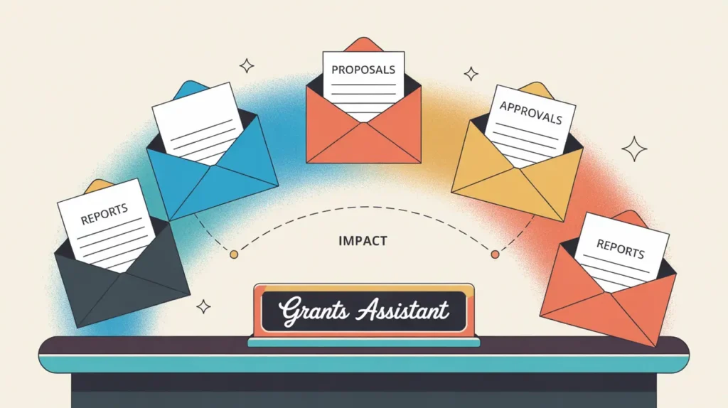 Illustration of grants assistant desk with envelopes and grant cycle icons
