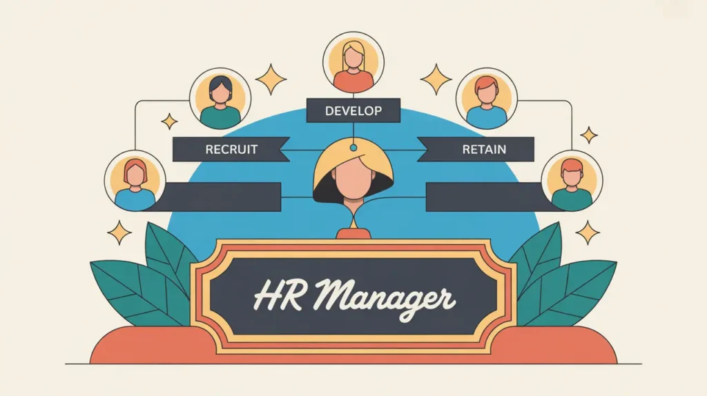 Illustration of HR manager desk nameplate with recruitment and development chart