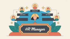 Illustration of HR manager desk nameplate with recruitment and development chart